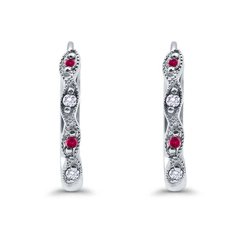 Huggie Hoop Earrings Round Simulated Ruby CZ 925 Sterling Silver (14mm)